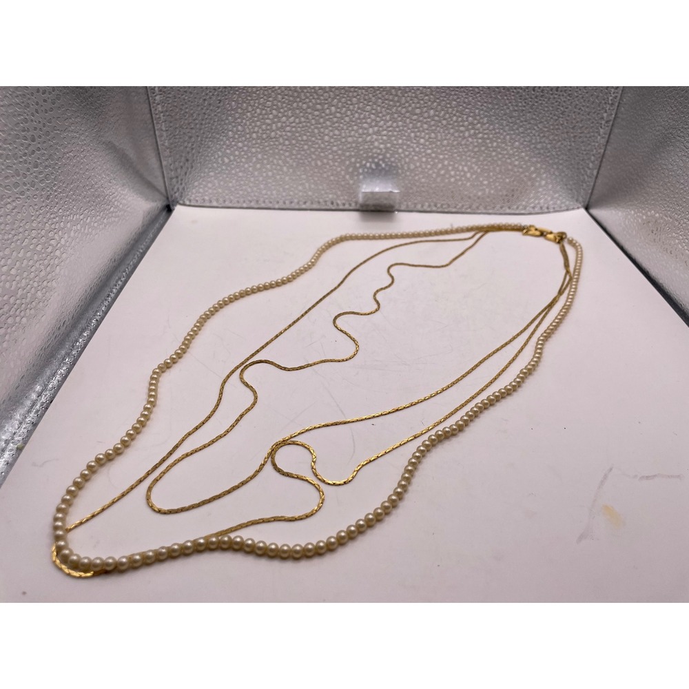 Vintage Crown Trifari© Gold Tone & Faux Pearl‎ Triple Strand Necklace 27"